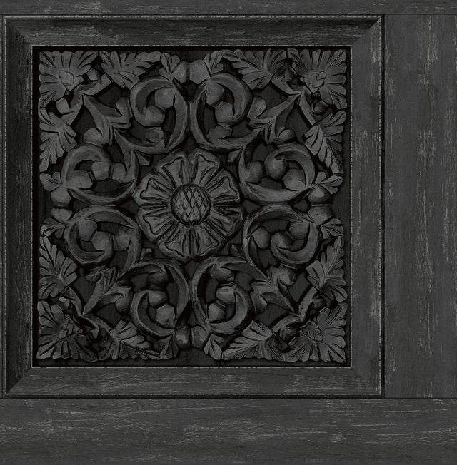 Carved Floral Black Wallpaper with Traditional Wood Carving Motif Peel & Stick - InHome NHS6178