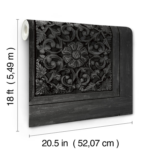 Carved Floral Black Wallpaper with Traditional Wood Carving Motif Peel & Stick - InHome NHS6178