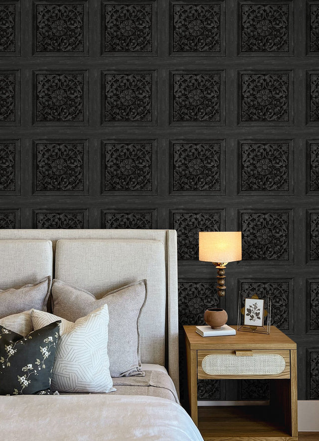 Carved Floral Black Wallpaper with Traditional Wood Carving Motif Peel & Stick - InHome NHS6178