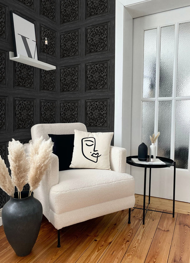 Carved Floral Black Wallpaper with Traditional Wood Carving Motif Peel & Stick - InHome NHS6178