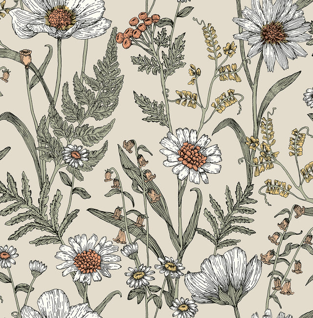 Spring Meadow Cream Peel & Stick Wallpaper with Botanical Flowers Pattern - InHome NHS6179