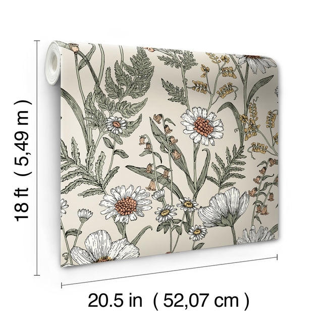 Spring Meadow Cream Peel & Stick Wallpaper with Botanical Flowers Pattern - InHome NHS6179