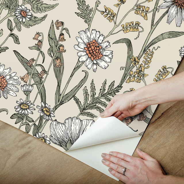Spring Meadow Cream Peel & Stick Wallpaper with Botanical Flowers Pattern - InHome NHS6179