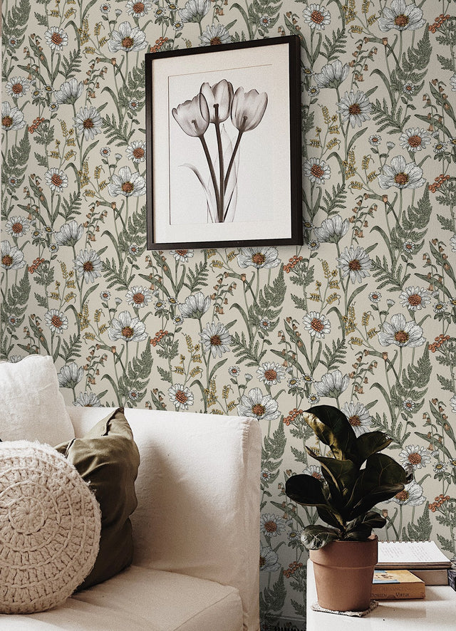 Spring Meadow Cream Peel & Stick Wallpaper with Botanical Flowers Pattern - InHome NHS6179