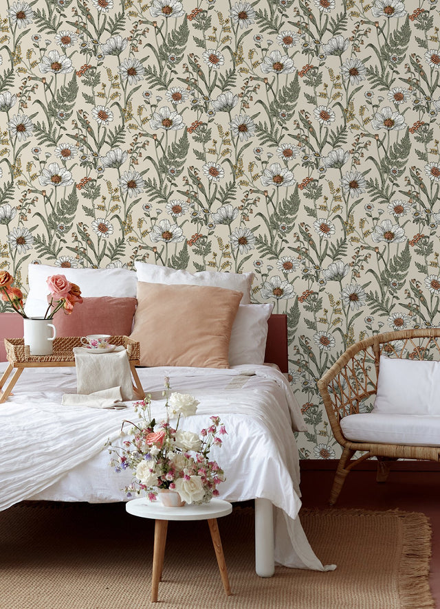 Spring Meadow Cream Peel & Stick Wallpaper with Botanical Flowers Pattern - InHome NHS6179