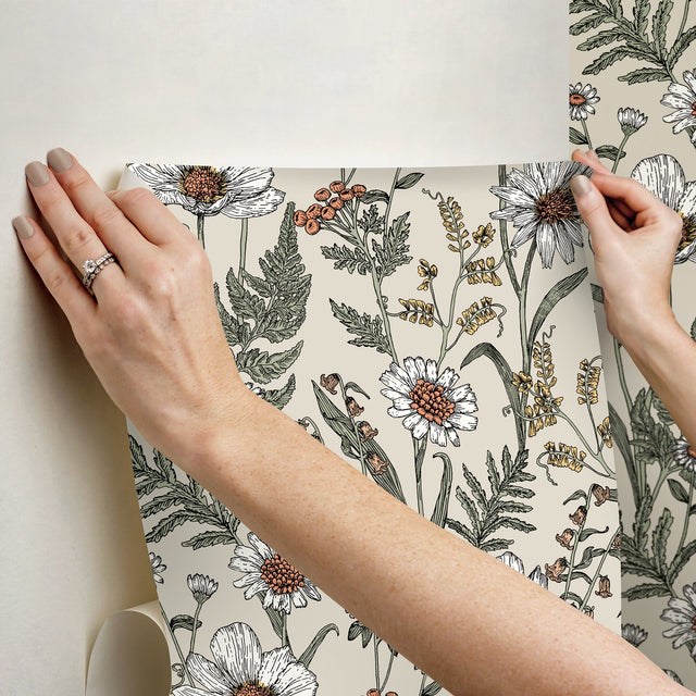 Spring Meadow Cream Peel & Stick Wallpaper with Botanical Flowers Pattern - InHome NHS6179