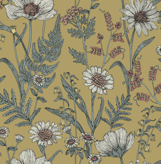 Spring Meadow Yellow Peel & Stick Wallpaper with Botanical Wildflower Pattern, Transitional Style - InHome NHS6180