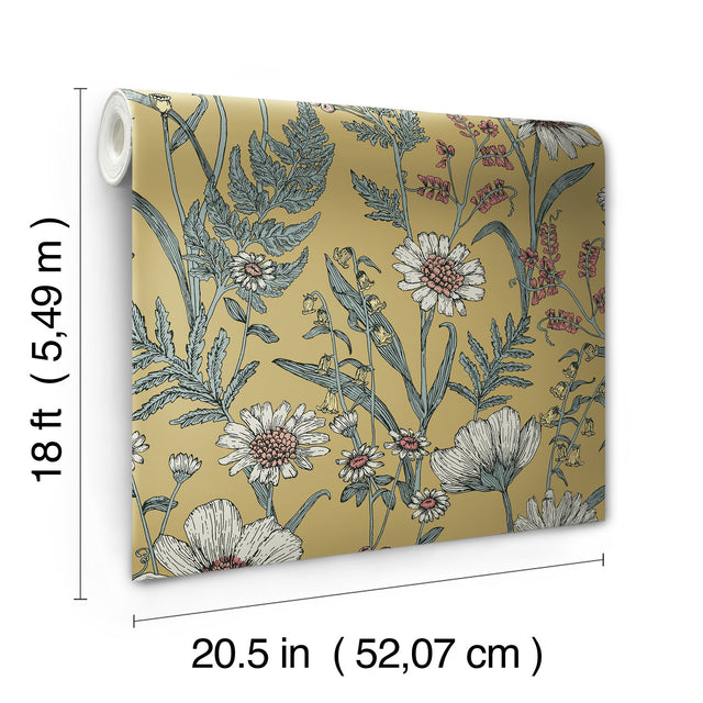 Spring Meadow Yellow Peel & Stick Wallpaper with Botanical Wildflower Pattern, Transitional Style - InHome NHS6180
