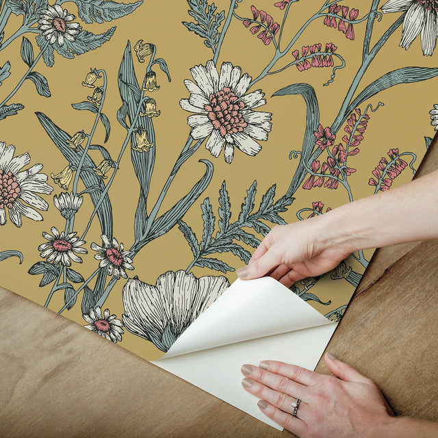 Spring Meadow Yellow Peel & Stick Wallpaper with Botanical Wildflower Pattern, Transitional Style - InHome NHS6180