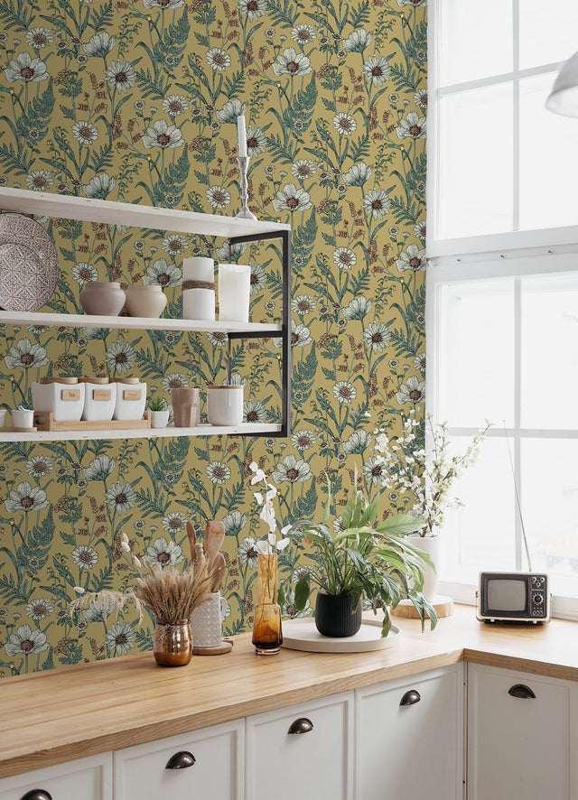Spring Meadow Yellow Peel & Stick Wallpaper with Botanical Wildflower Pattern, Transitional Style - InHome NHS6180