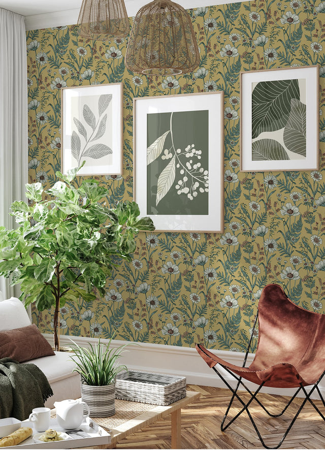 Spring Meadow Yellow Peel & Stick Wallpaper with Botanical Wildflower Pattern, Transitional Style - InHome NHS6180