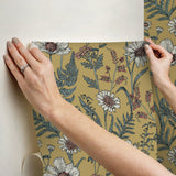Spring Meadow Yellow Peel & Stick Wallpaper with Botanical Wildflower Pattern, Transitional Style - InHome NHS6180