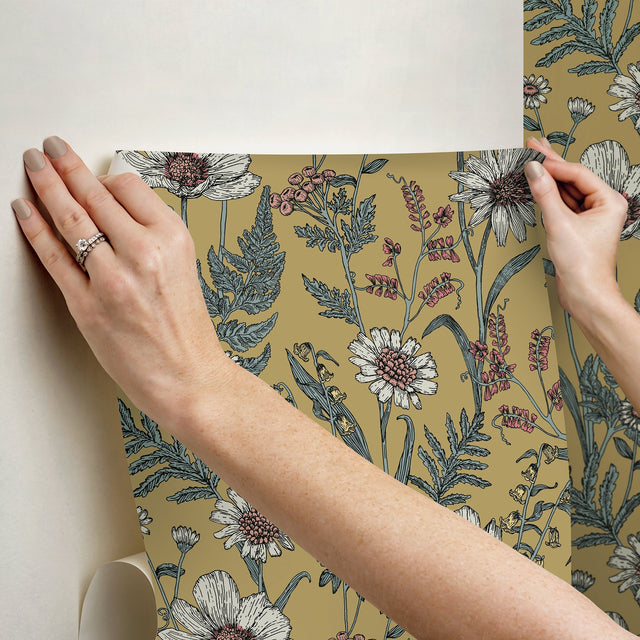Spring Meadow Yellow Peel & Stick Wallpaper with Botanical Wildflower Pattern, Transitional Style - InHome NHS6180