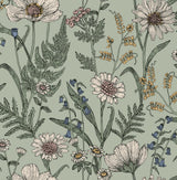 Spring Meadow Green Peel & Stick Wallpaper with Botanical Flower Pattern - InHome NHS6181