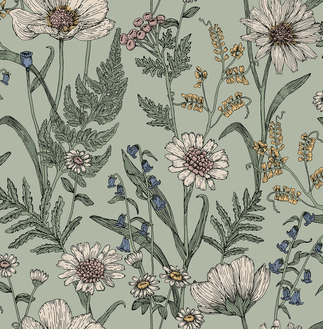 Spring Meadow Green Peel & Stick Wallpaper with Botanical Flower Pattern - InHome NHS6181
