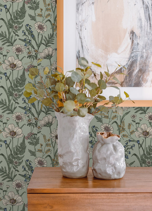 Spring Meadow Green Peel & Stick Wallpaper with Botanical Flower Pattern - InHome NHS6181