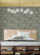 Spring Meadow Green Peel & Stick Wallpaper with Botanical Flower Pattern - InHome NHS6181