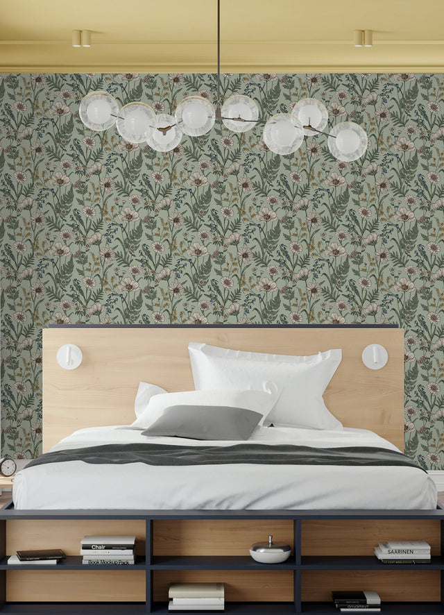 Spring Meadow Green Peel & Stick Wallpaper with Botanical Flower Pattern - InHome NHS6181