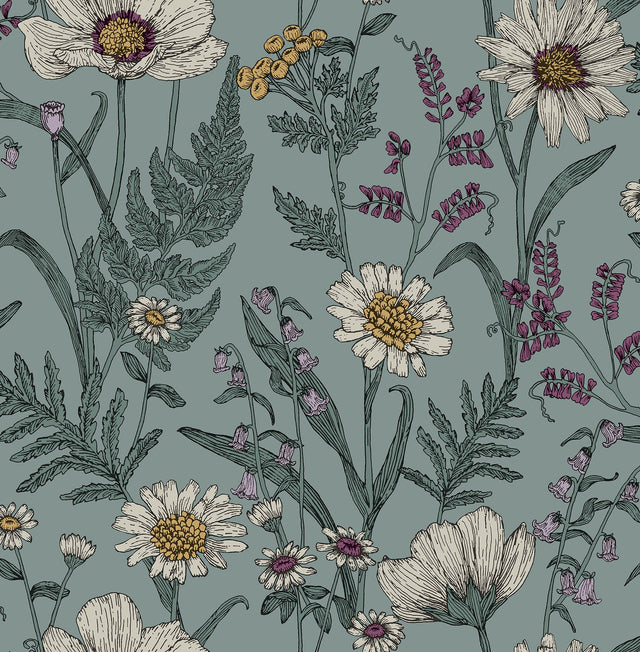 Spring Meadow Blue Peel & Stick Wallpaper with Botanical Floral Pattern, Transitional Style - InHome NHS6182