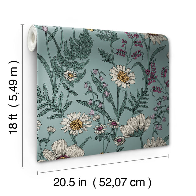 Spring Meadow Blue Peel & Stick Wallpaper with Botanical Floral Pattern, Transitional Style - InHome NHS6182