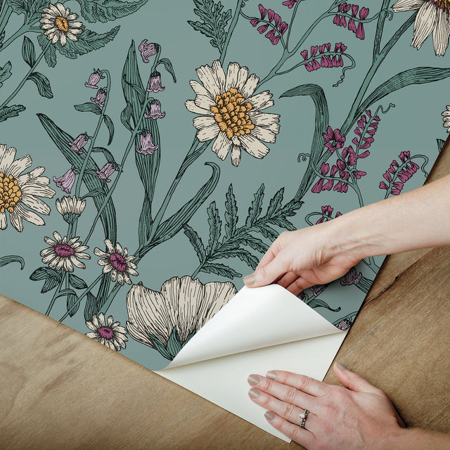 Spring Meadow Blue Peel & Stick Wallpaper with Botanical Floral Pattern, Transitional Style - InHome NHS6182