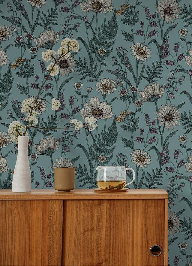 Spring Meadow Blue Peel & Stick Wallpaper with Botanical Floral Pattern, Transitional Style - InHome NHS6182