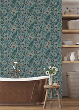Spring Meadow Blue Peel & Stick Wallpaper with Botanical Floral Pattern, Transitional Style - InHome NHS6182