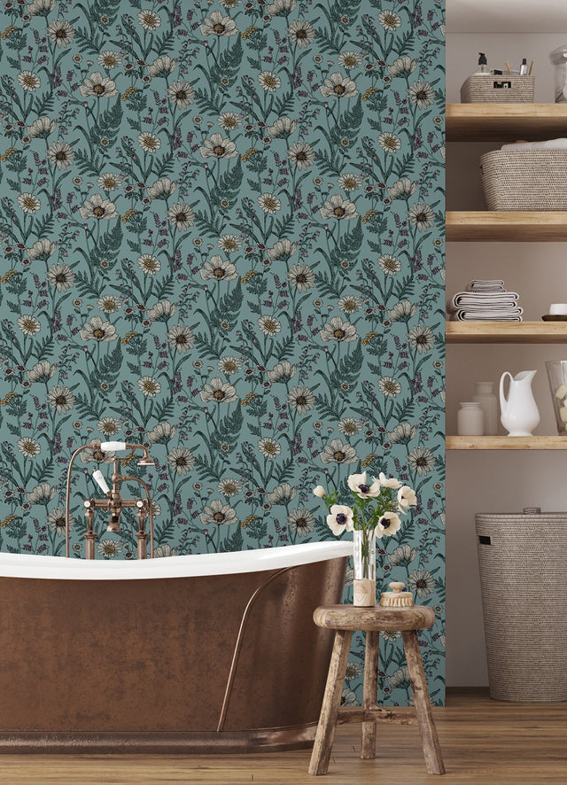 Spring Meadow Blue Peel & Stick Wallpaper with Botanical Floral Pattern, Transitional Style - InHome NHS6182
