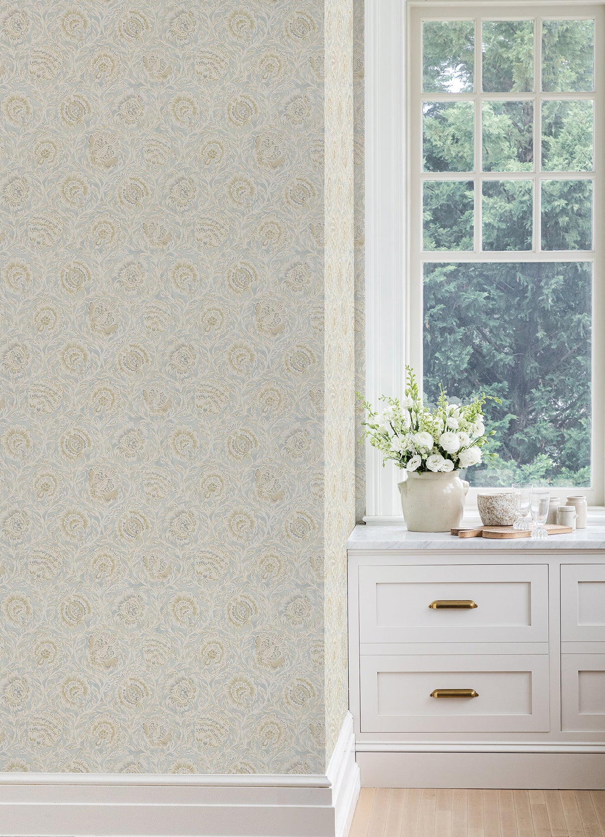 Aliviya Mint Peel and Stick Wallpaper by NuWallpaper for Nabela Noor Home Botanical Floral Block Print Transitional Wallpaper - NNS6510