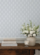 Safia Coast Blue and White Linen-Inspired Indian Floral Buta Block Print Peel and Stick Wallpaper by NuWallpaper for Nabela Noor Home - NNS6511