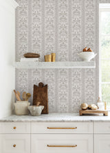 Zareen Caviar by NuWallpaper Neutral Taupe Botanical Floral Block Print Stripe Peel and Stick Removable Wallpaper Nabela Noor Home - NNS6515