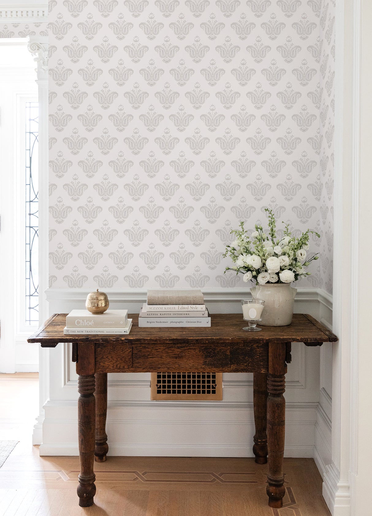 Fazia Linen by NuWallpaper Neutral Beige Taupe Heritage Floral Damask Peel and Stick Wallpaper Nabela Noor Home Collection - NNS6517
