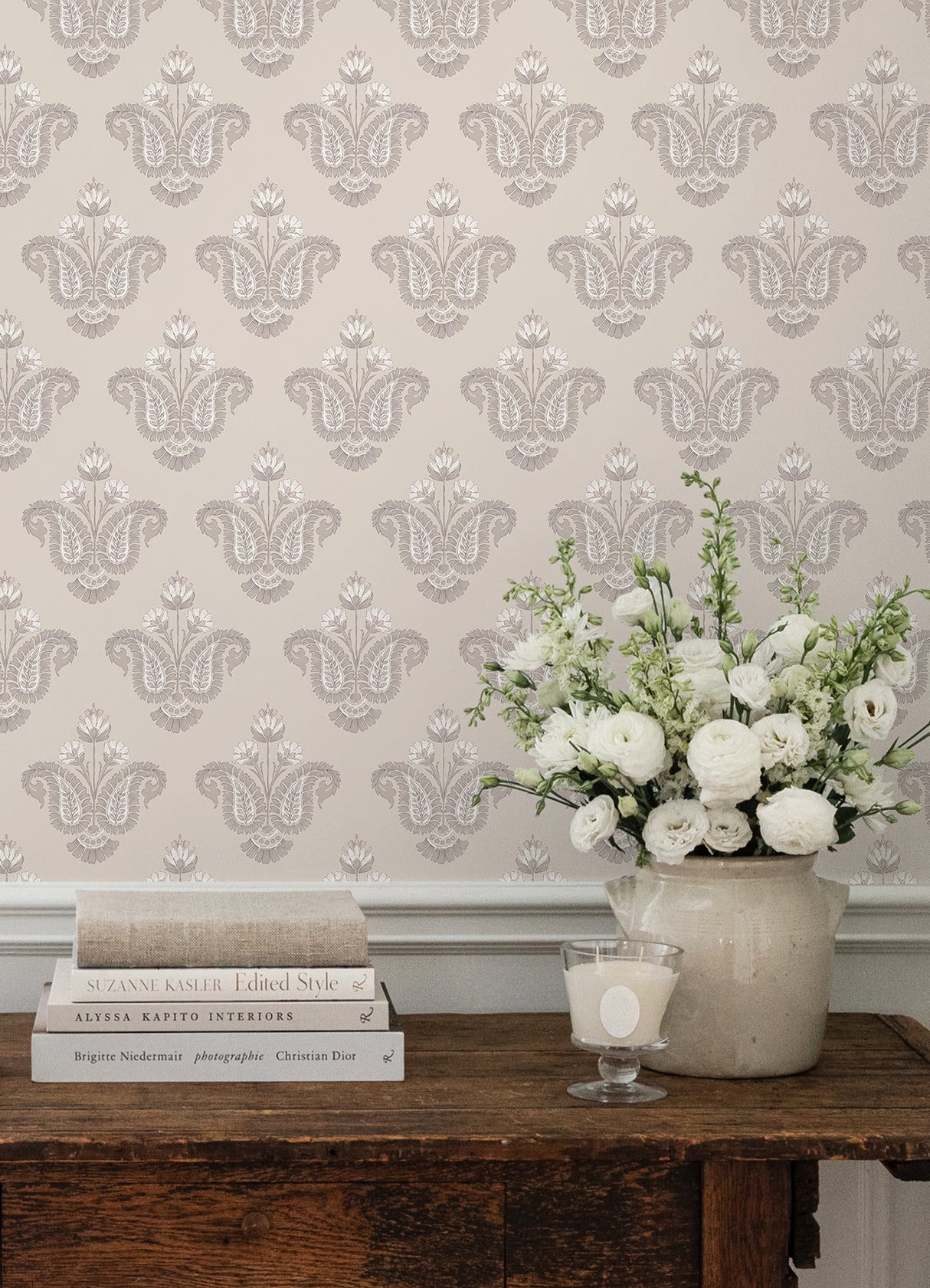 Fazia Jute by NuWallpaper Neutral Brown Taupe Floral Damask Peel and Stick Wallpaper from Nabela Noor Home x WallPops - NNS6519