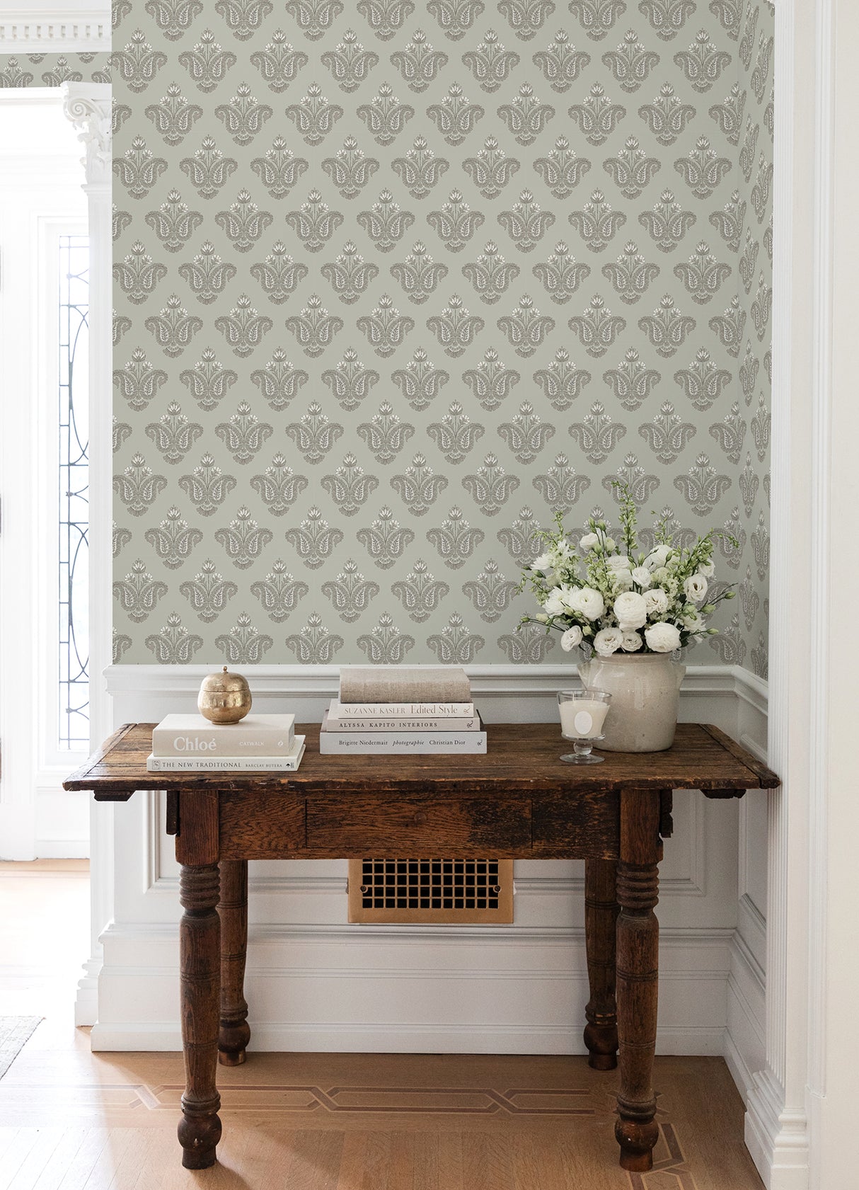 Fazia Moss by NuWallpaper Soft Mossy Green Botanical Floral Paisley Damask Peel and Stick Wallpaper Nabela Noor Home x WallPops Collection - NNS6520