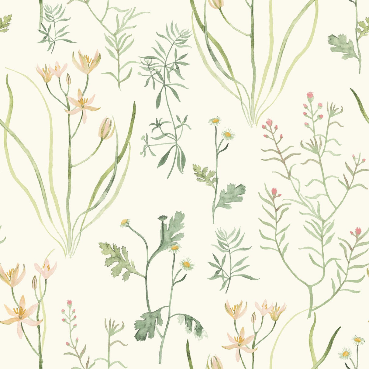 Alpine Botanical White Wallpaper with Watercolor Wildflower Motif - York NR1565