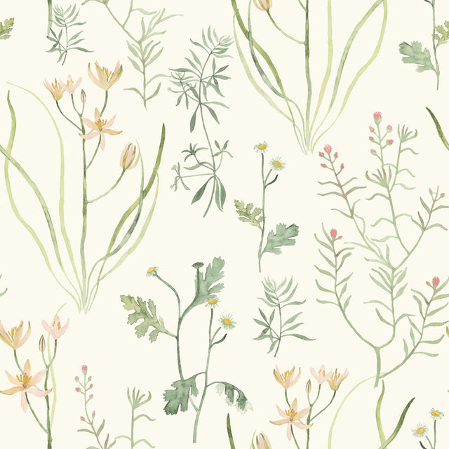 Alpine Botanical White Wallpaper with Watercolor Wildflower Motif - York NR1565