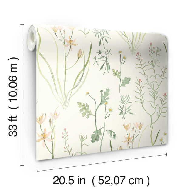 Alpine Botanical White Wallpaper with Watercolor Wildflower Motif - York NR1565