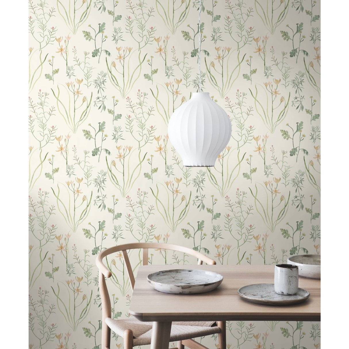 Alpine Botanical White Wallpaper with Watercolor Wildflower Motif - York NR1565