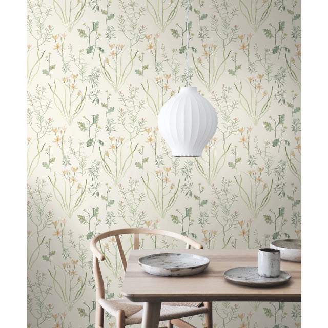 Alpine Botanical White Wallpaper with Watercolor Wildflower Motif - York NR1565