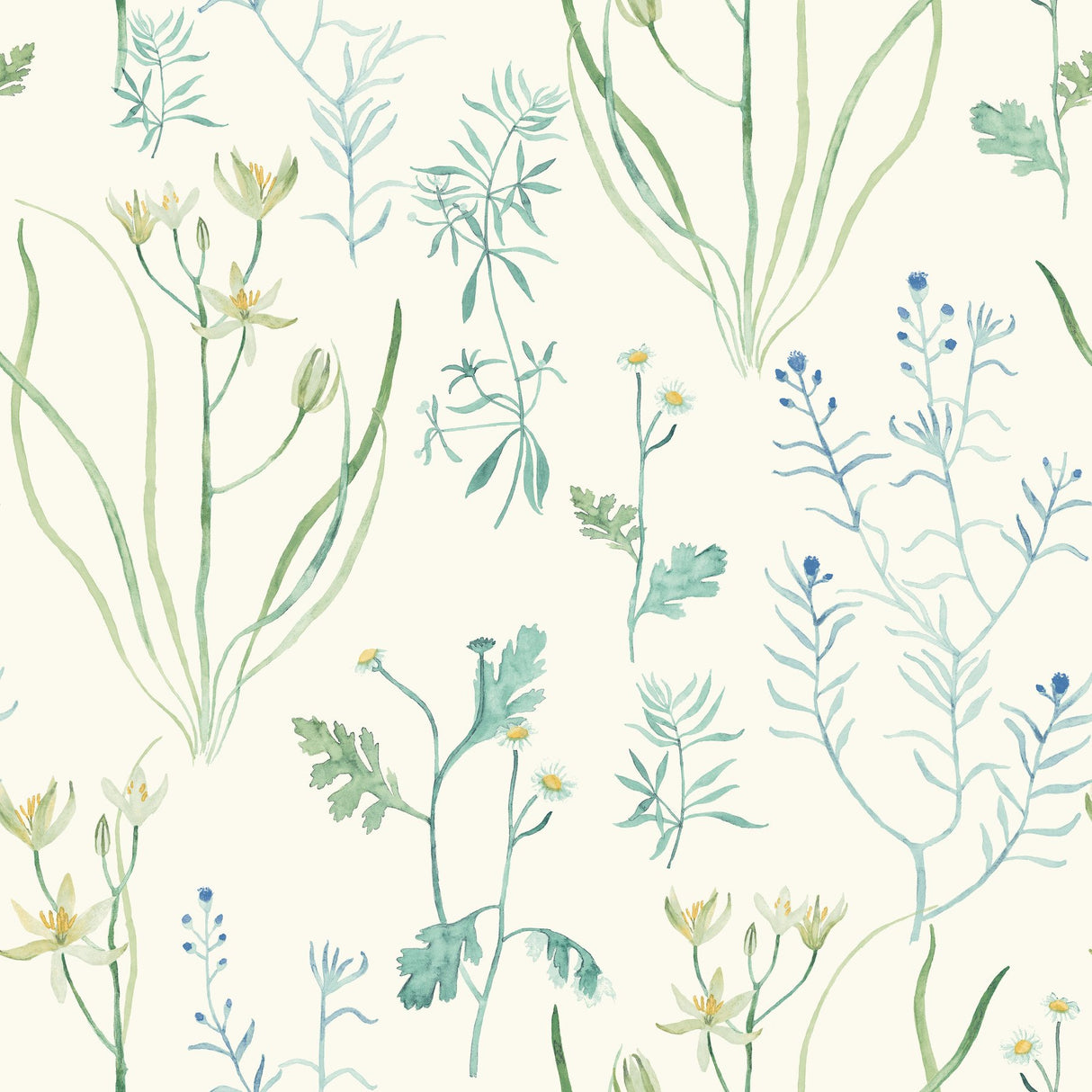Alpine Botanical White Wallpaper with Scandinavian Botanical Watercolor Motif - York NR1566