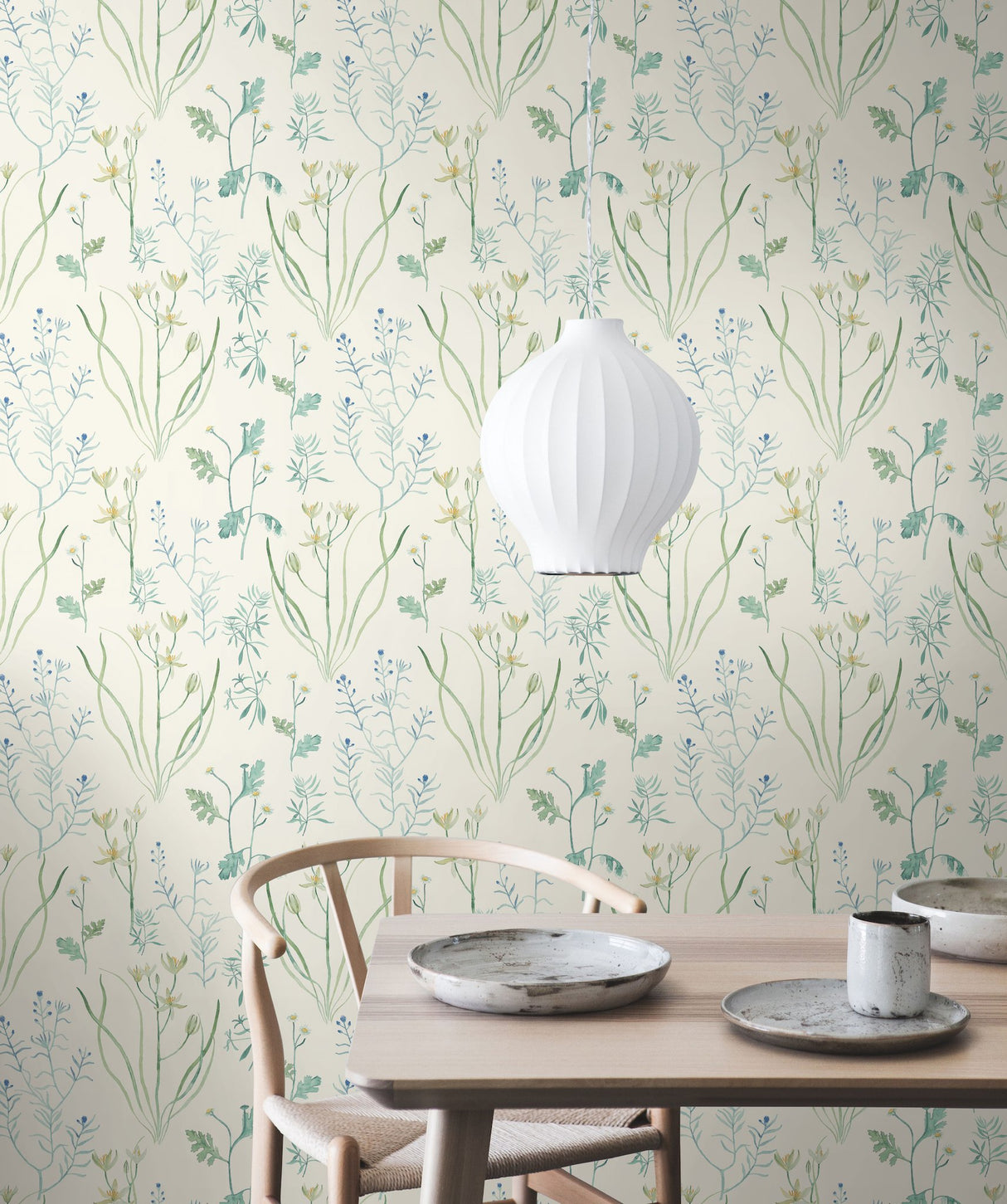 Alpine Botanical White Wallpaper with Scandinavian Botanical Watercolor Motif - York NR1566