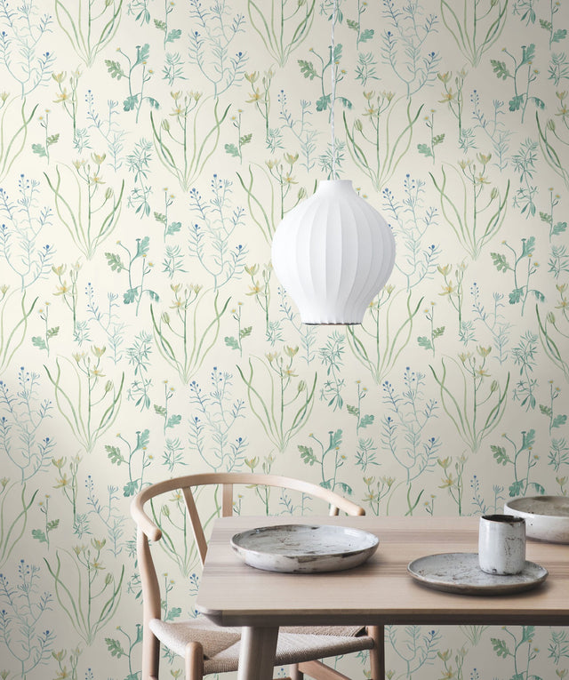 Alpine Botanical White Wallpaper with Scandinavian Botanical Watercolor Motif - York NR1566