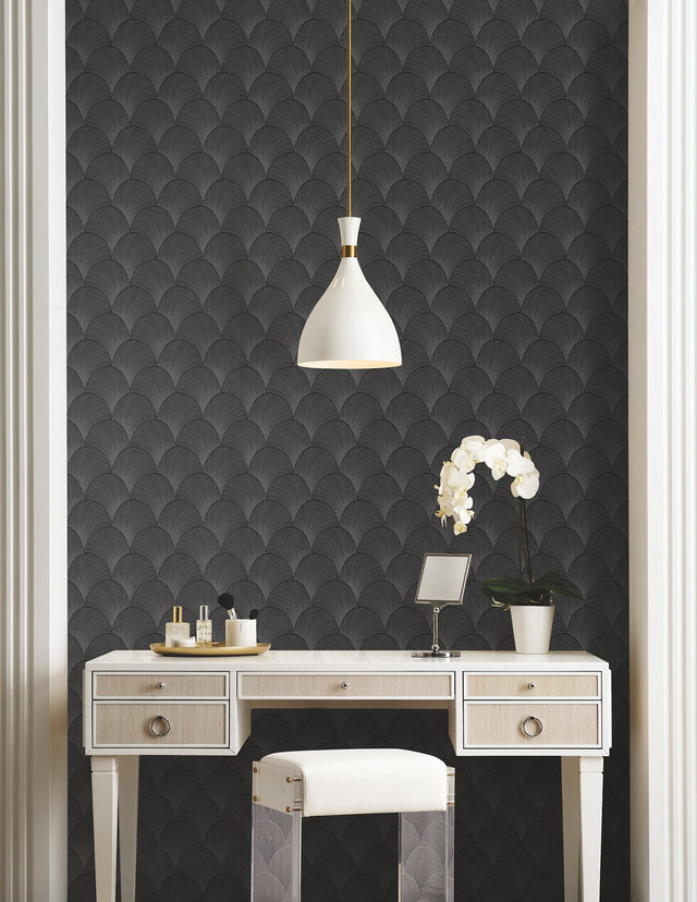 Metallic Black Scallop Wallpaper with Glam Foil Motif - York NT6105