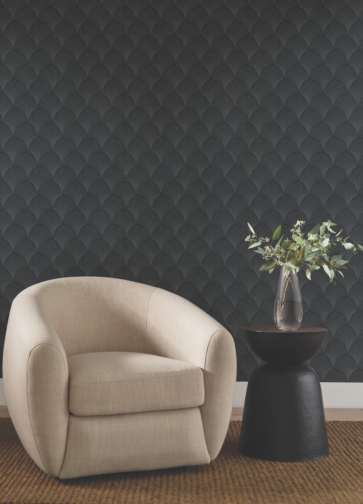 Metallic Black Scallop Wallpaper with Glam Foil Motif - York NT6105