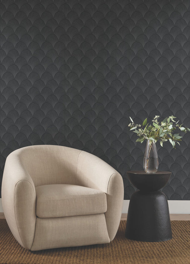 Metallic Black Scallop Wallpaper with Glam Foil Motif - York NT6105