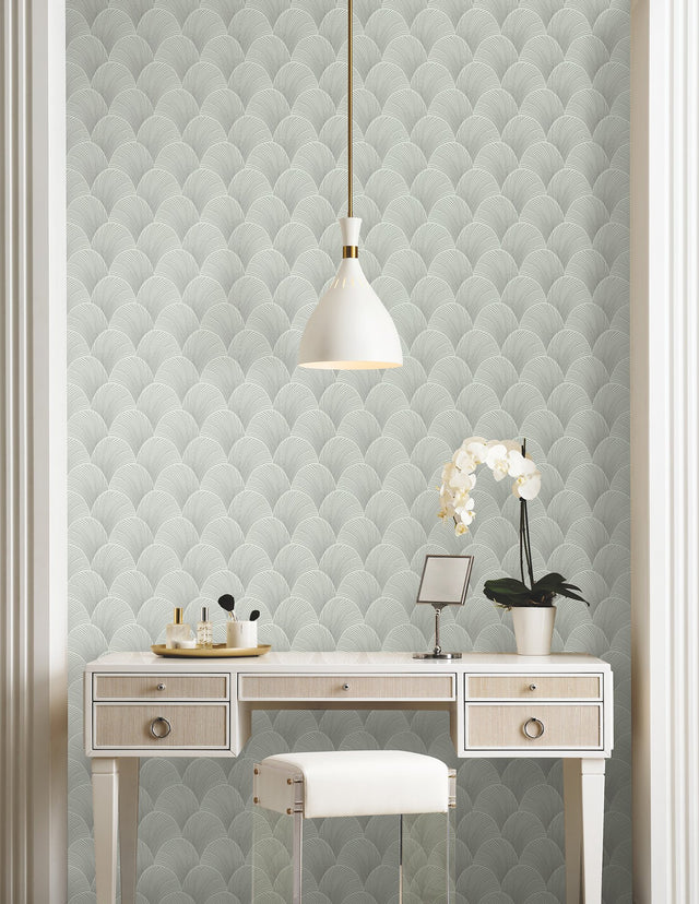 Metallic Light Green Scallop Wallpaper with Foil Glam Style - York NT6106