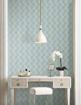 Metallic Scallop Blue Pearl Wallpaper with Foil Glam Motif - York NT6108