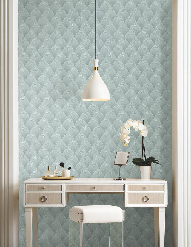 Metallic Scallop Blue Pearl Wallpaper with Foil Glam Motif - York NT6108