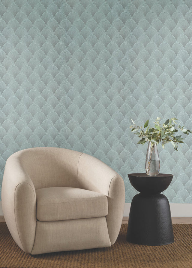 Metallic Scallop Blue Pearl Wallpaper with Foil Glam Motif - York NT6108