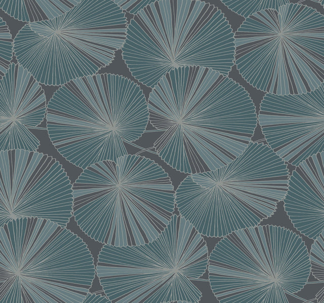 Layered Deep Blue Lily Pads Wallpaper with Tropical Botanical Pattern - York NT6113